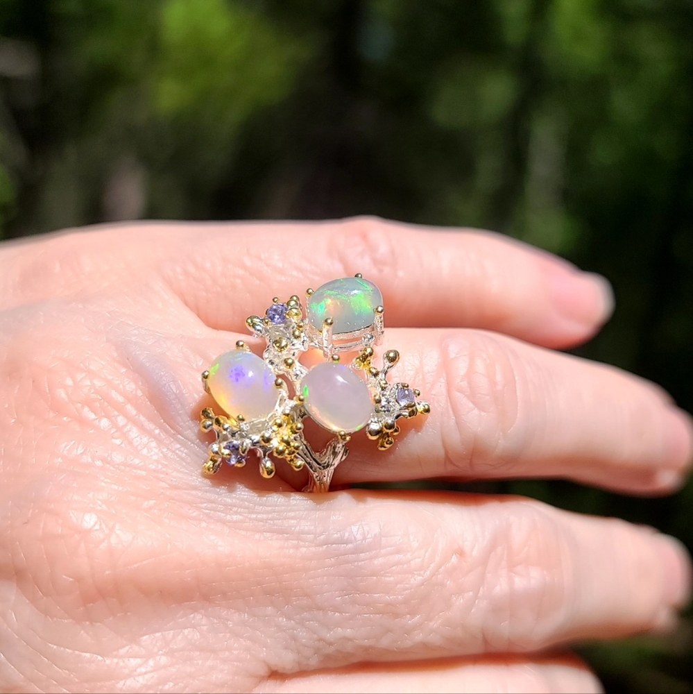 STUNNING Three Queens Opal & Tanzanite floral cocktail ring sz 7.5 - Picture 4 of 9